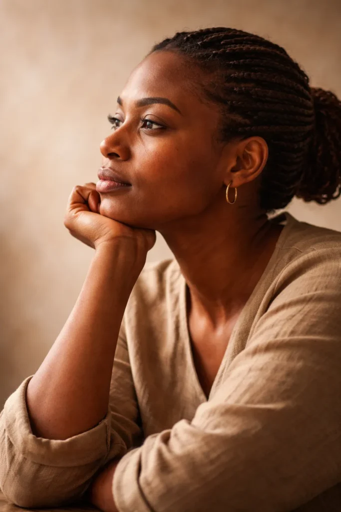 Solitary person in profile contemplating West African cooking, soft studio lighting