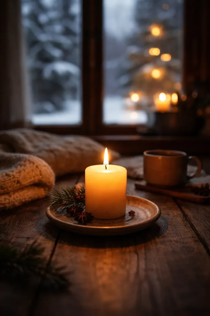Single lit candle on wooden table in softly lit winter room