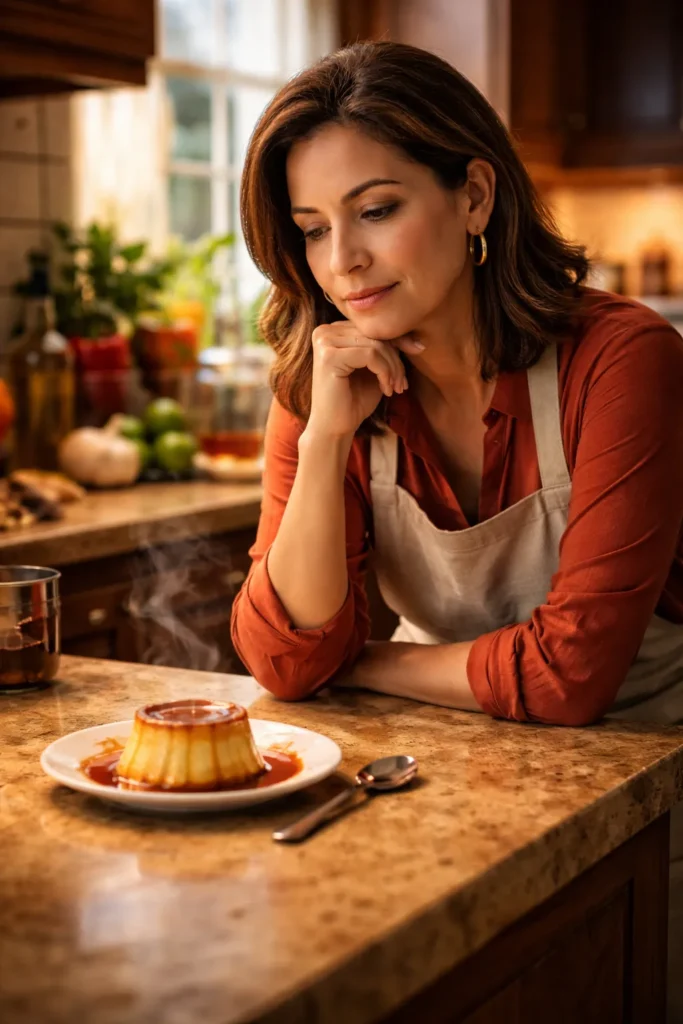 Thoughtful cook in warm kitchen contemplating plated Cuban flan