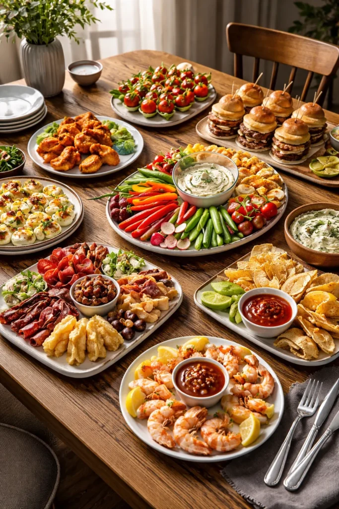 Balanced finger food spread showing warm, cold, protein-forward, vegetable, and dip items on a wooden table