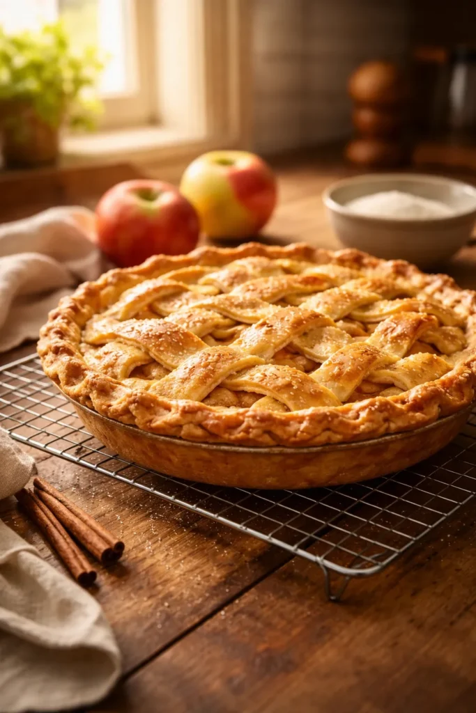 Finished apple pie cooling on a rack in a cozy kitchen with warm light