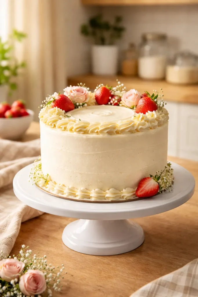 Finished cake on a stand in a warm, minimal kitchen