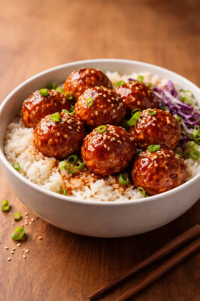 Close-up of glossy firecracker meatballs over jasmine rice in a white bowl