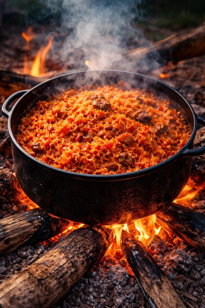 Outdoor firewood jollof rice in a pot with smoke and flames