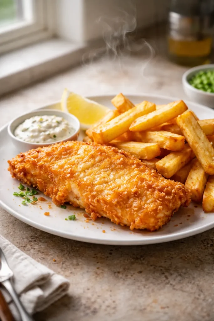 Close-up of fish and chips showing crispy battered fish and fluffy chips on a plate