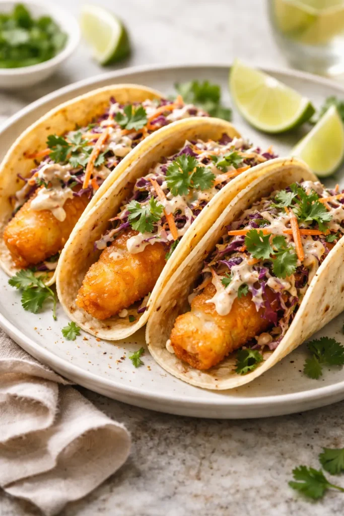 Crispy fish tacos with chipotle slaw on plate