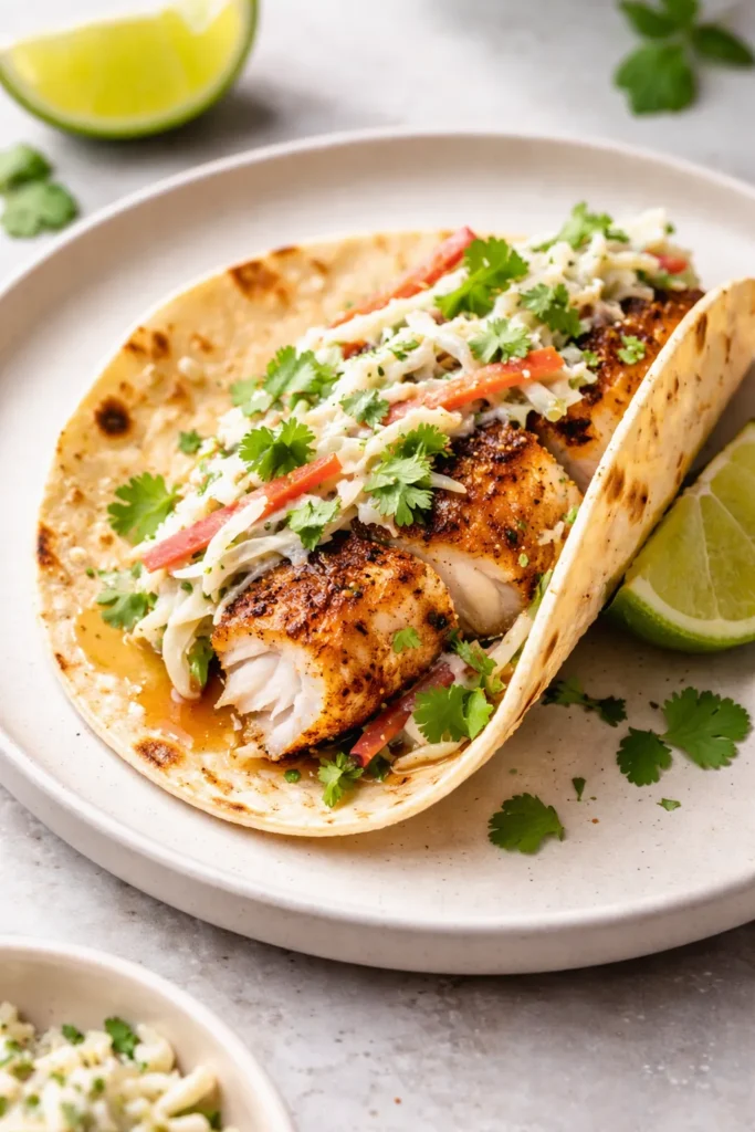 Fish taco with creamy slaw on a plate
