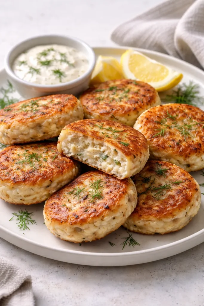 Golden Norwegian fiskefrikadeller fish cakes on plate