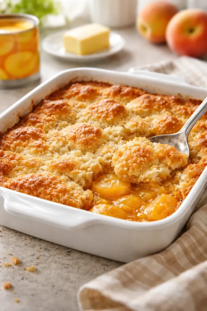 Five-Minute Bisquick Cobbler in a dish with bubbly crust
