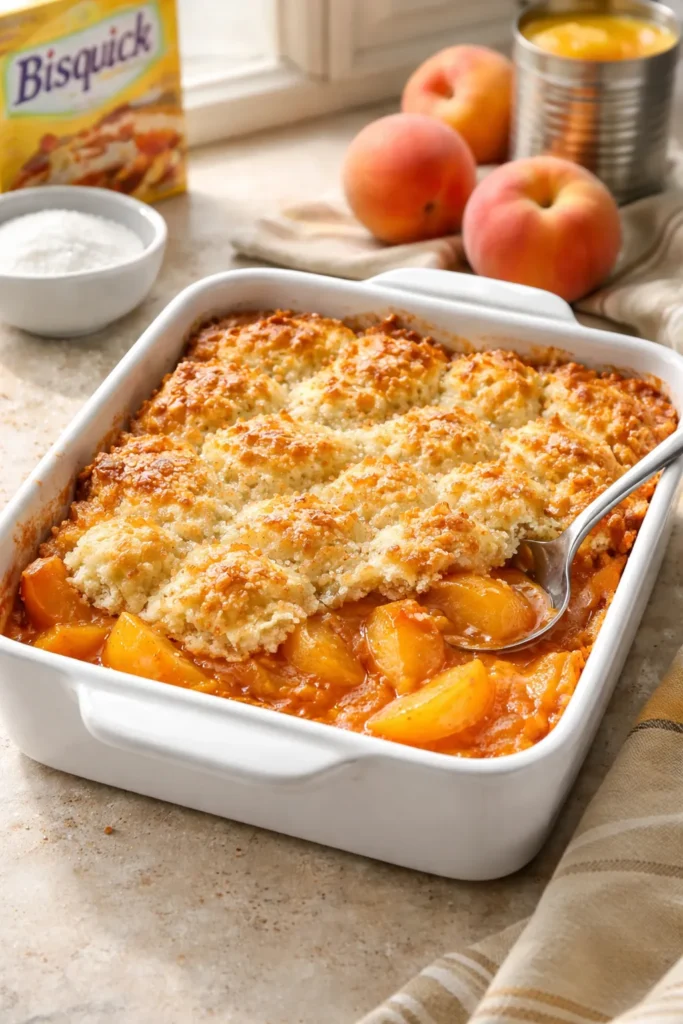 Peach cobbler in a white baking dish showing simple top and bubbling filling