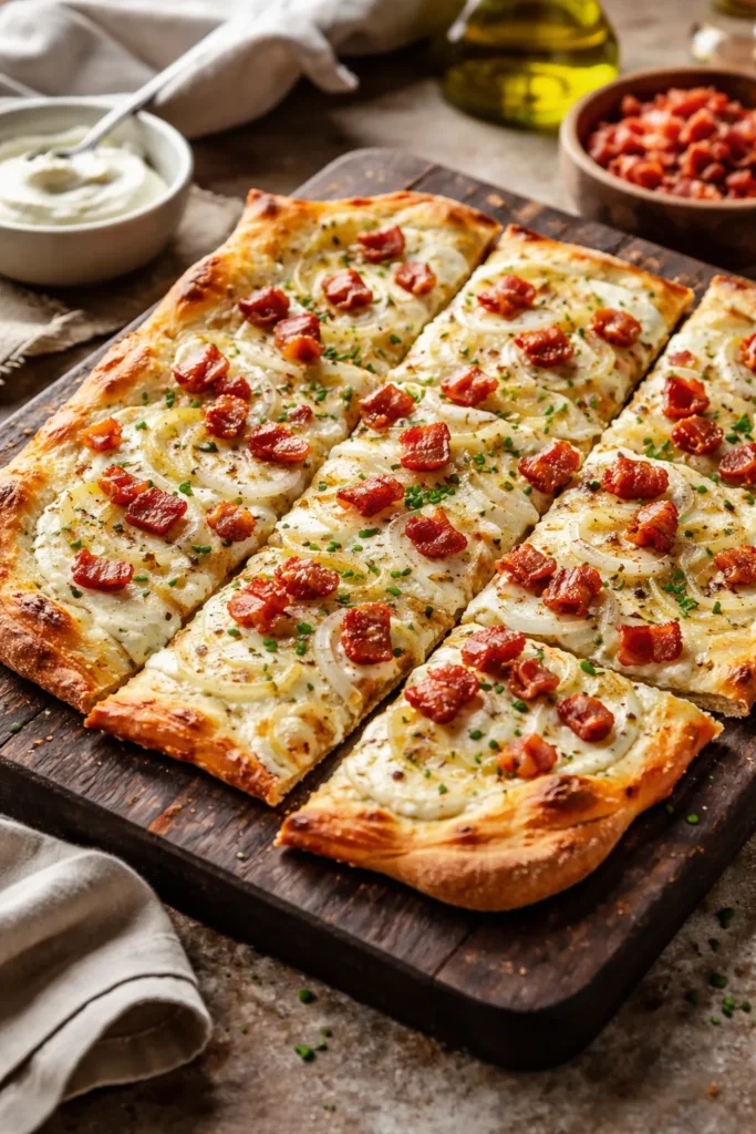 Flammkuchen flatbread with onions and bacon on board