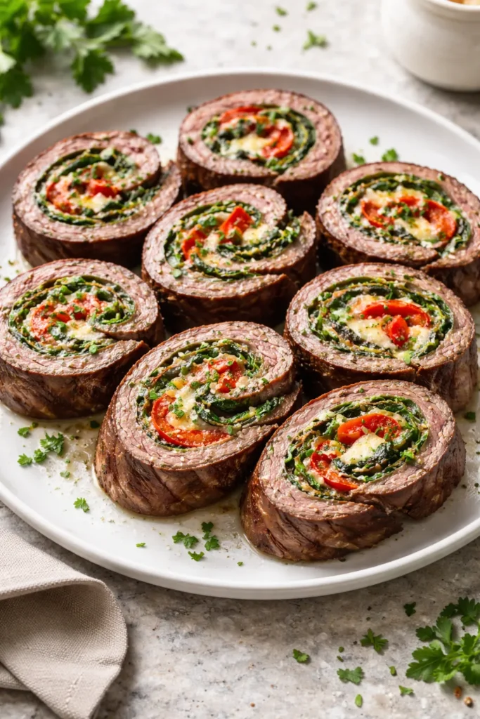 Cross-section of stuffed flank steak pinwheels with spinach and peppers