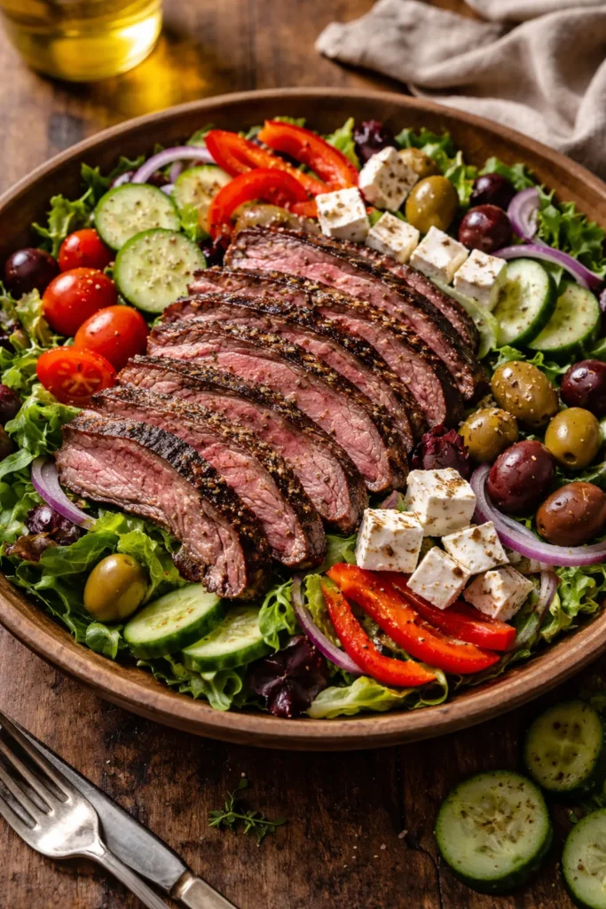 Grilled flank steak with olives, feta, cucumber and peppers on greens