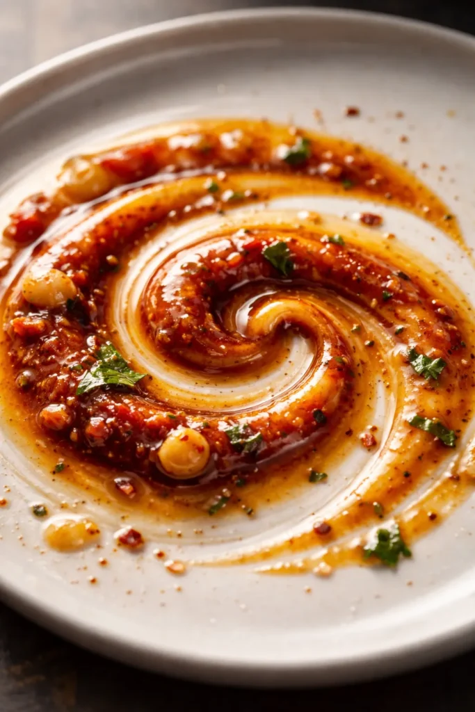 Abstract close-up of a glossy sauce swirl on a plate