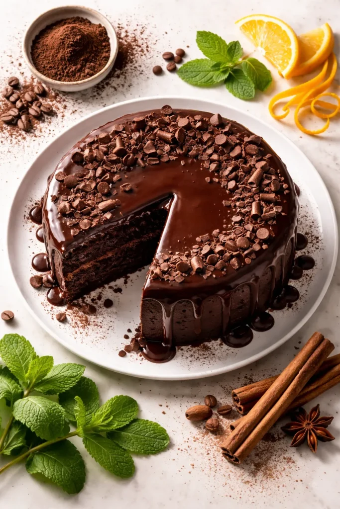 Chocolate cake with flavor accents like mint, orange zest, and spice
