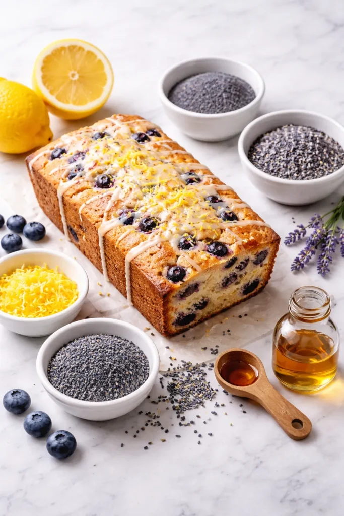 Loaf with flavor variation ingredients around: zest, seeds, lavender, almond extract
