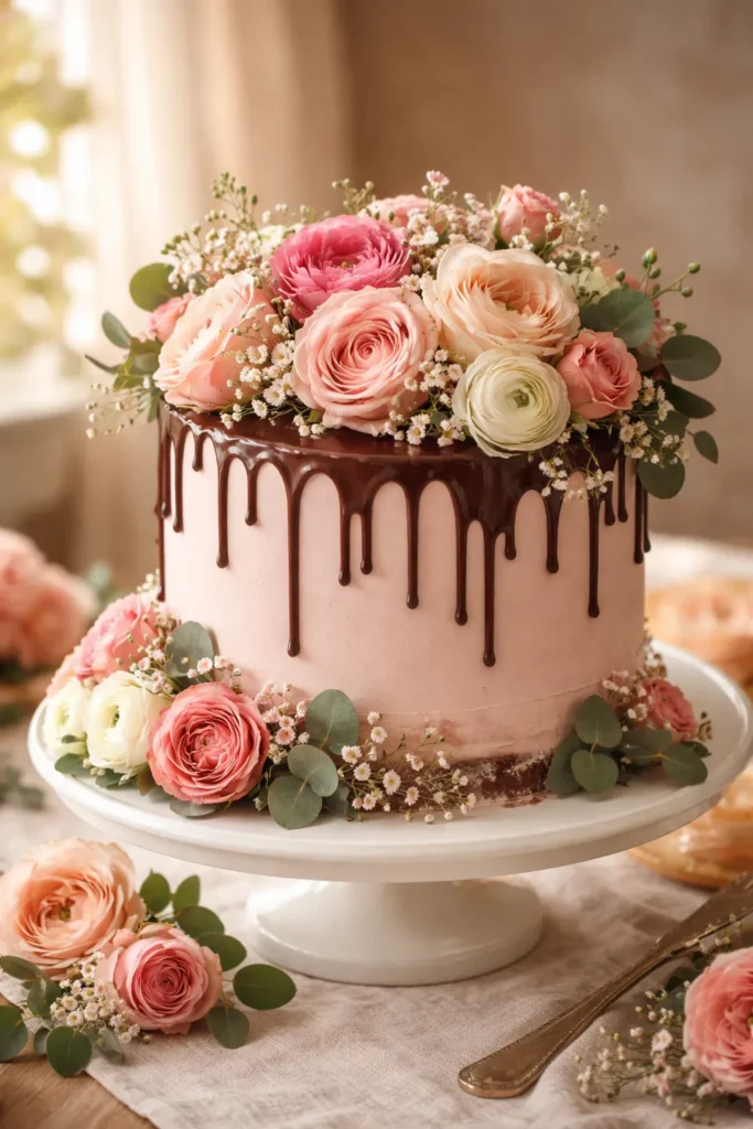 Chocolate drip cake surrounded by fresh flowers and greenery