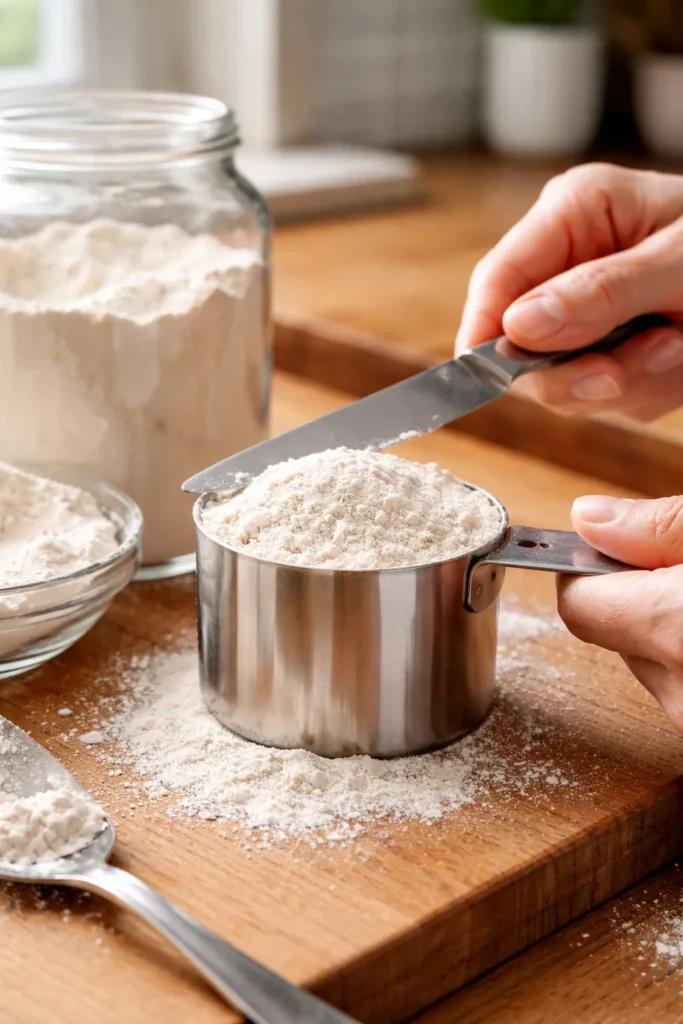 Close-up of hands spooning flour into a dry measuring cup and leveling with a knife on a wooden counter