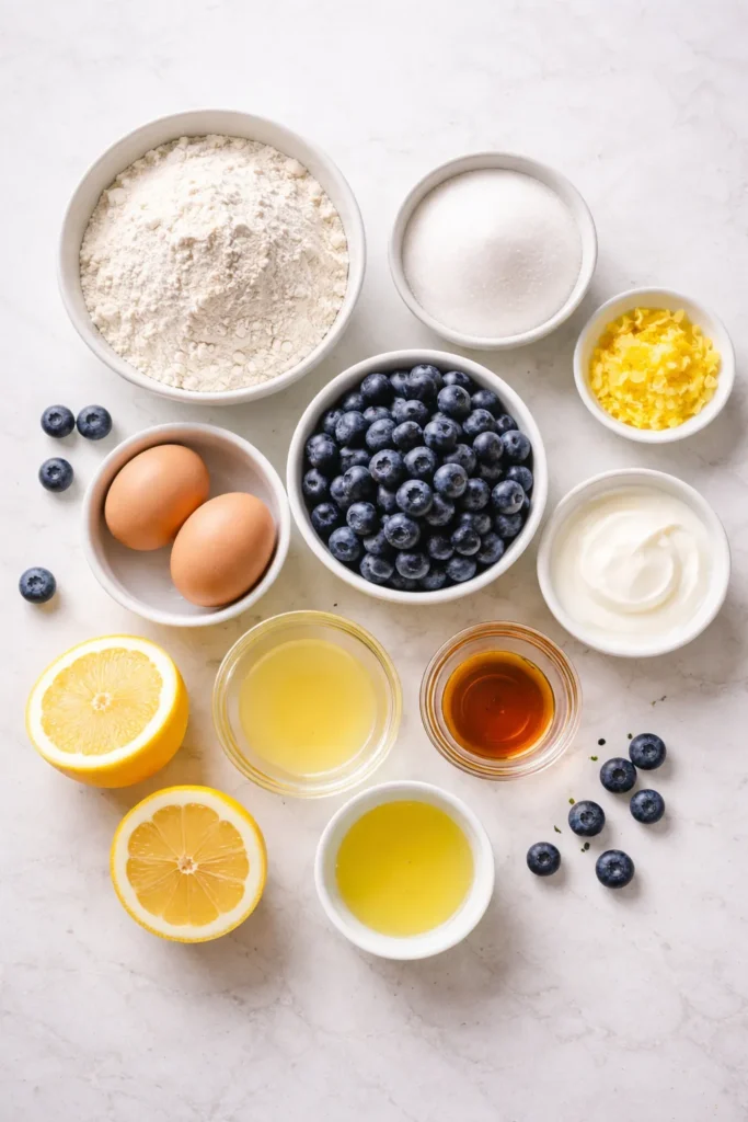 Ingredient bowls arranged for blueberry loaf
