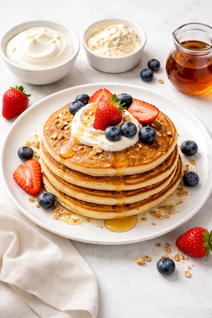 Plate of flourless Greek yogurt protein pancakes arranged neatly
