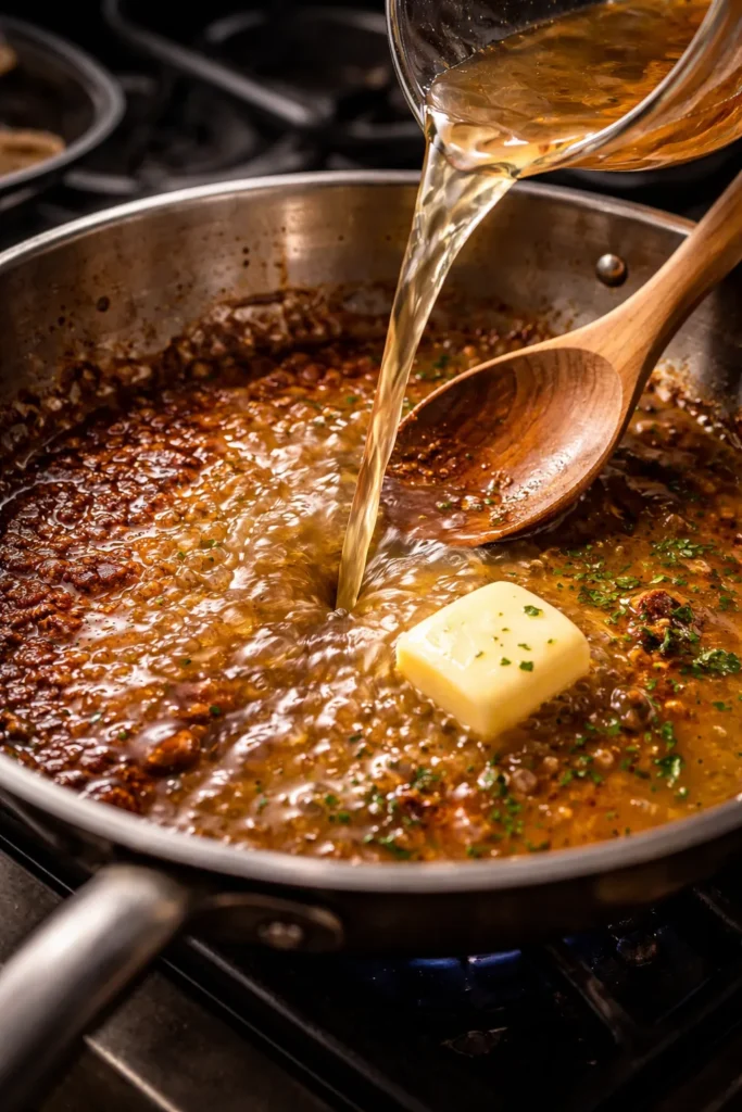 Skillet fond deglazing to pan sauce close-up