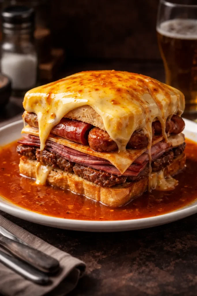Francesinha sandwich with melted cheese and red sauce