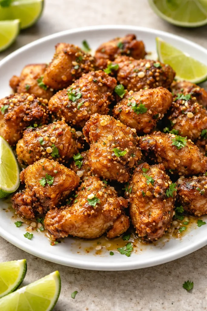 Close-up of crispy Frango a Passarinho bites on a plain white plate
