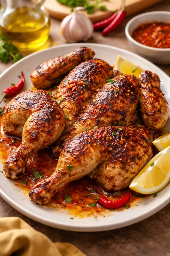Roasted piri-piri chicken with crispy skin on a neutral platter