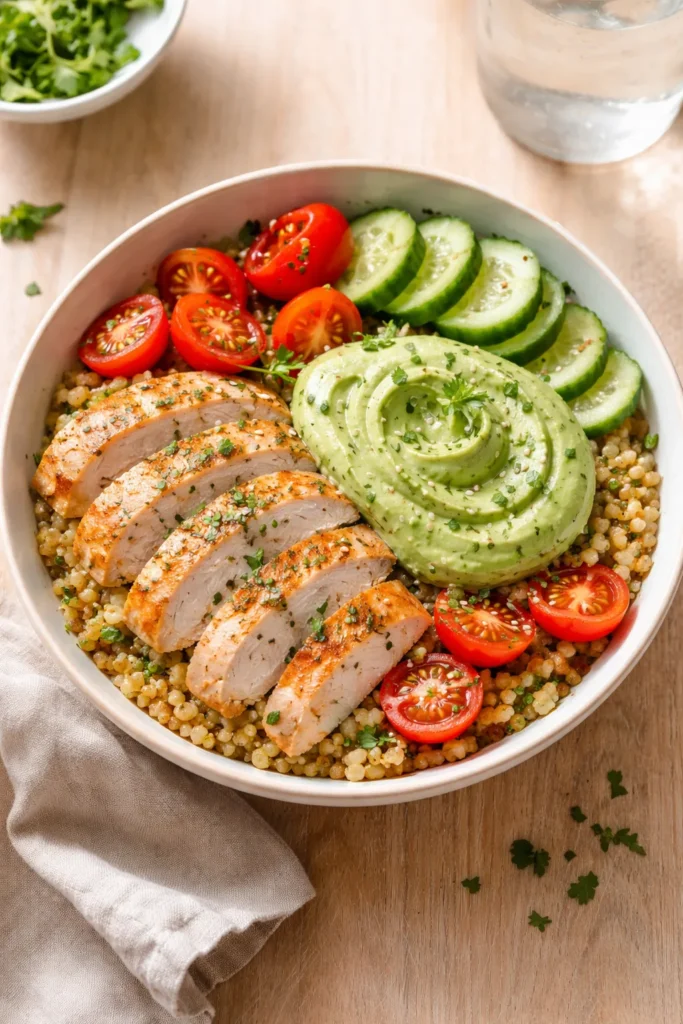 Freekeh chicken bowl with avocado cream, tomatoes, cucumber, and parsley