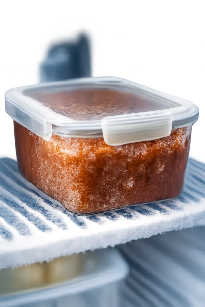 Container of thick bolognese sauce in a freezer