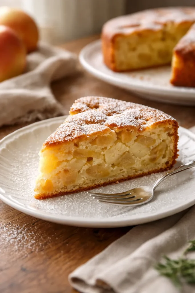 Elegant French apple cake with large fruit chunks and a dusting of powdered sugar.