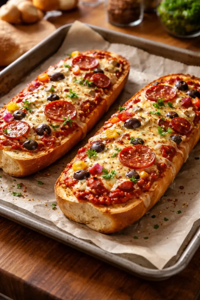 Two halves of French bread pizzas topped with cheese on a parchment sheet in a warm kitchen