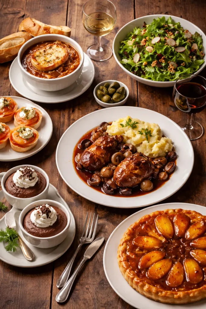 Rustic table with white plates of onion soup, coq au vin, green salad, tarte tatin, and chocolate mousse arranged as a French menu progression