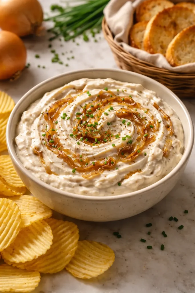 Creamy French onion dip with caramelized onion ribbons in a bowl
