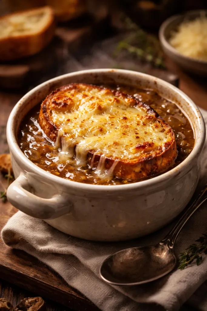 French onion soup with melted Gruyère cheese on top in a bowl.