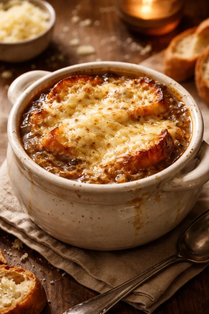 Ceramic bowl of French onion soup with melted Gruyère and caramelized onions