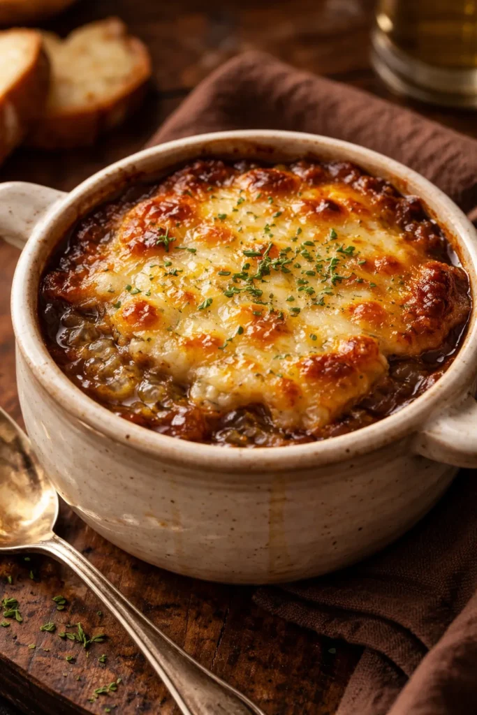 French onion soup with melted Gruyère cheese crust
