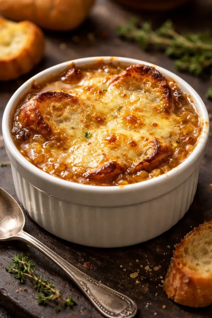 Ramekin of French onion soup gratinée with cheese crust