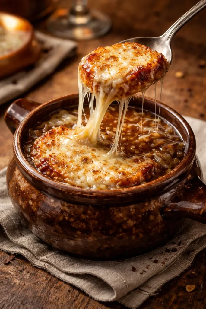 Steaming bowl of French onion soup with a melted Gruyère lid