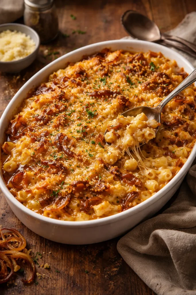 Mac and cheese with caramelized onions baked to golden perfection