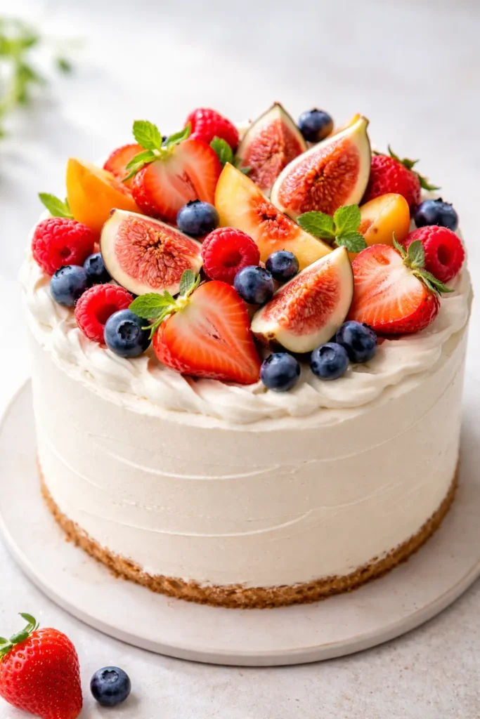 Cake topped with fresh fruit arranged in a floral-inspired display.