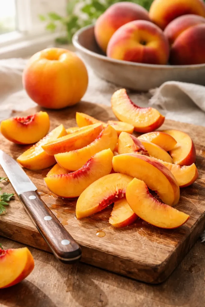 Fresh peaches sliced on a wooden board