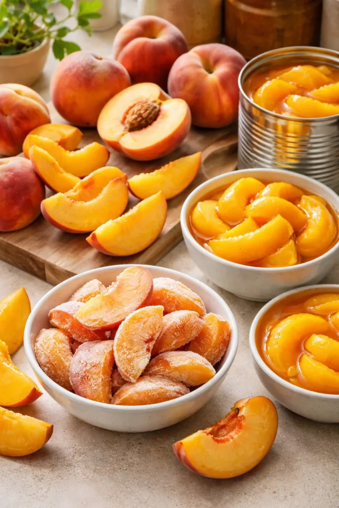 Fresh peaches halved and sliced on a neutral surface