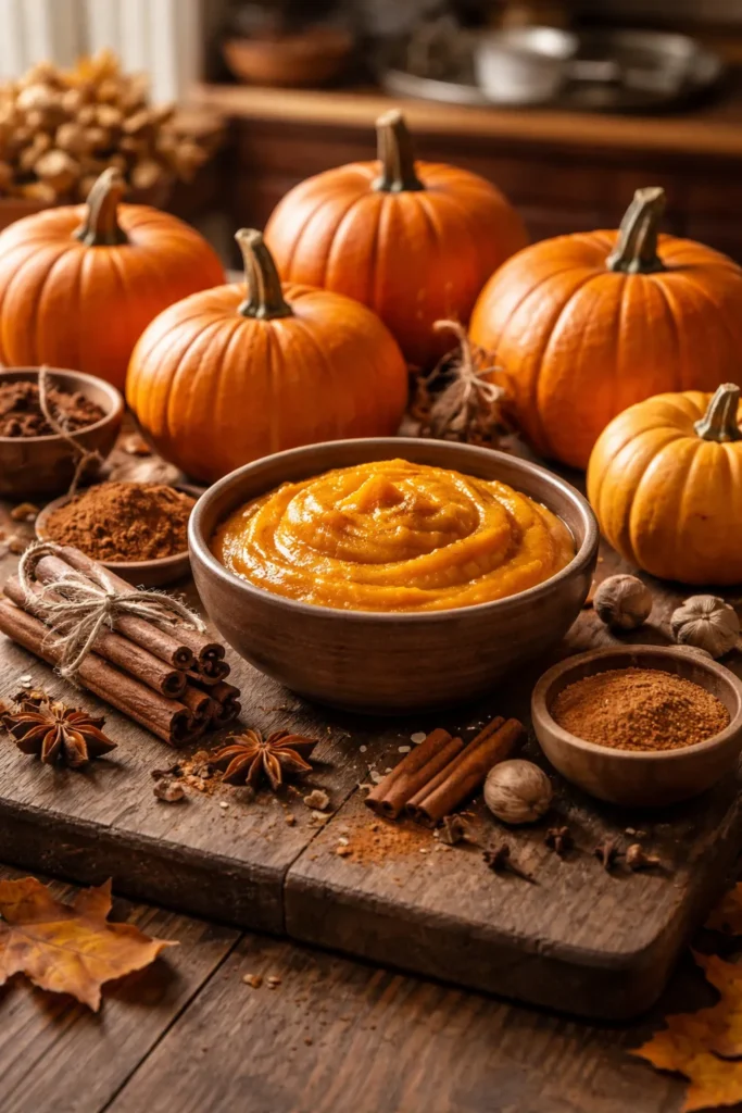 Fresh sugar pumpkins and ingredients for autumn recipes on a rustic wooden table