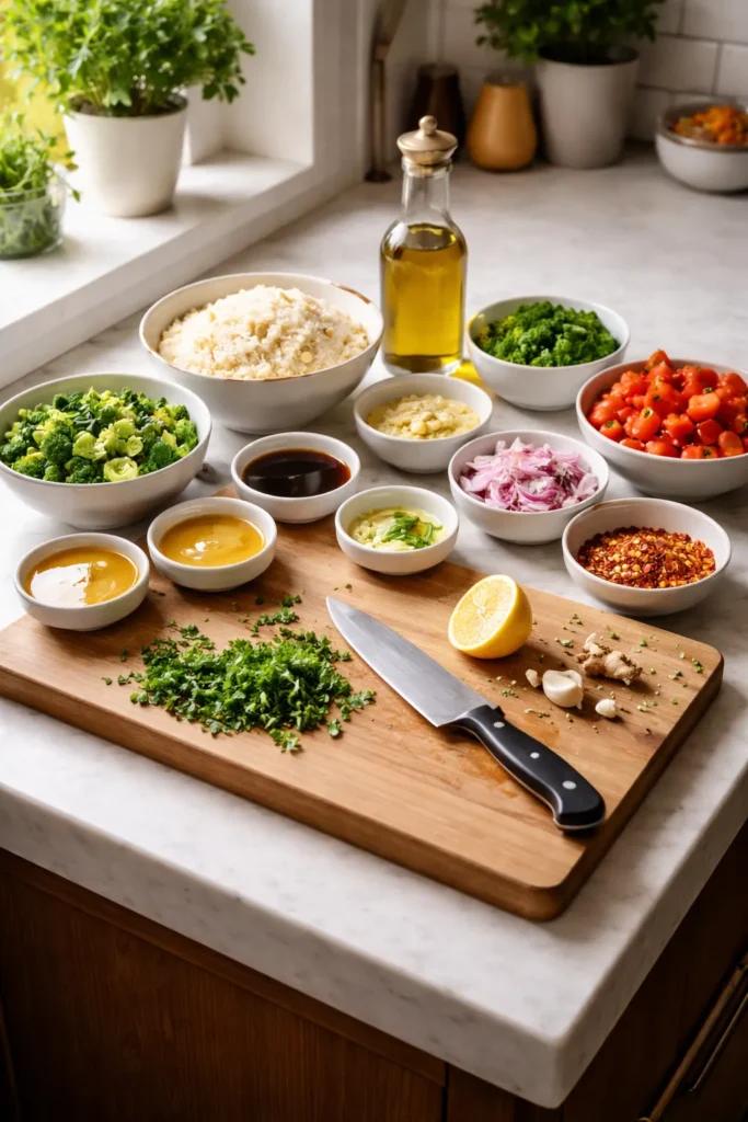 Neatly arranged mise en place on a clean kitchen counter