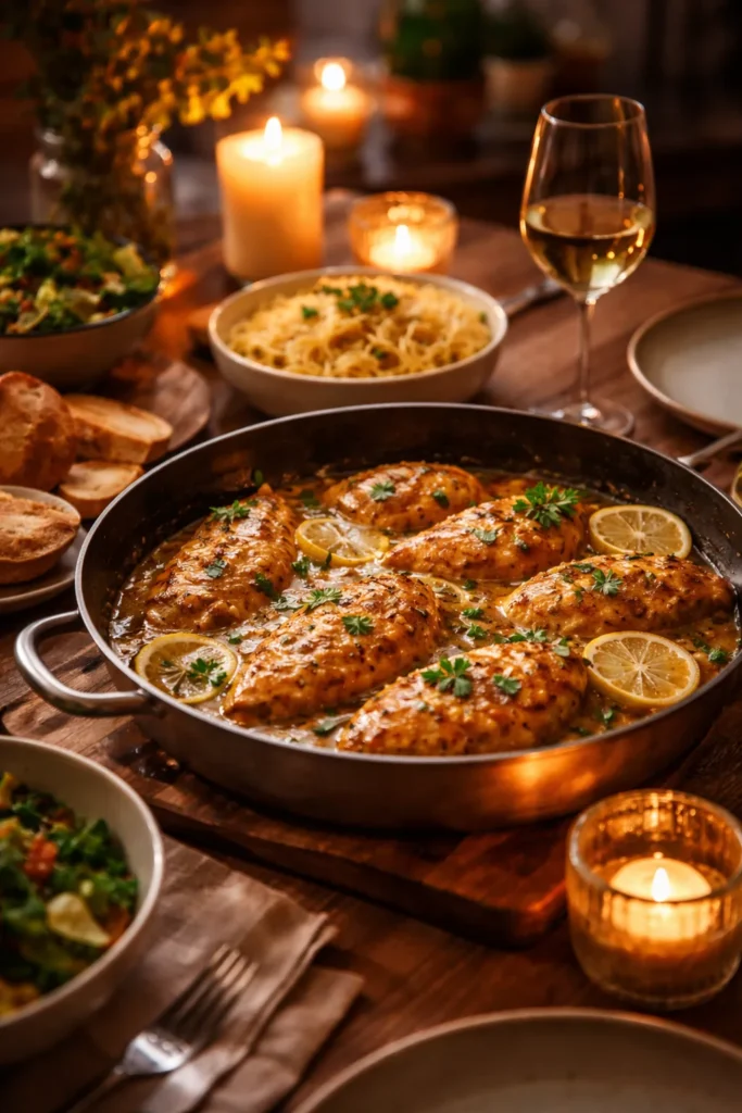 Close-up of a Friday night dinner plated dish with rich sauce and herbs in a cozy kitchen