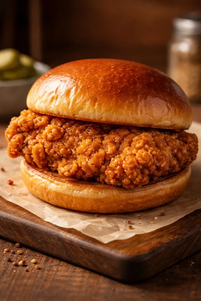 Close-up of Classic Buttermilk Fried Chicken Sandwich with crispy chicken in brioche bun