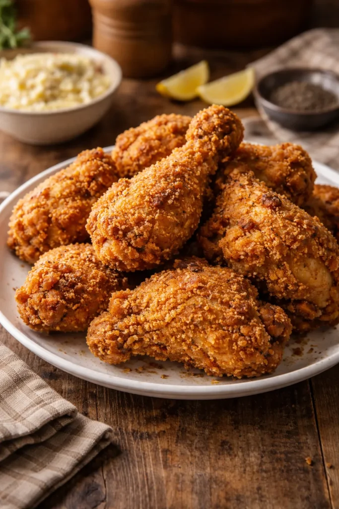 Crispy golden fried chicken pieces on a plate