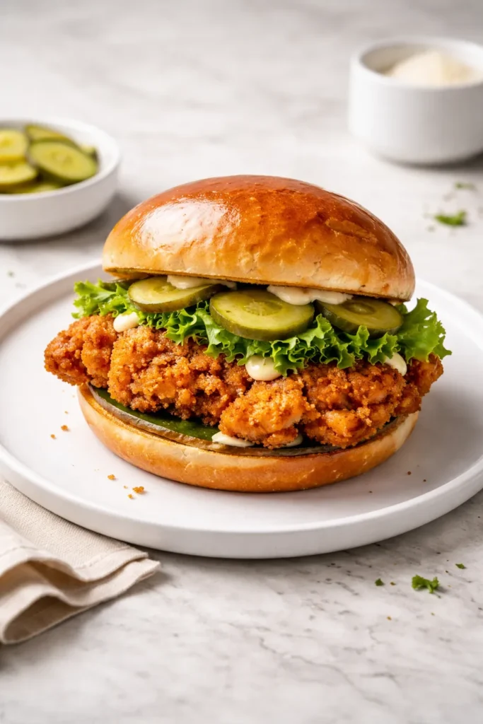 Plated fried chicken sandwich on a white plate, clean background