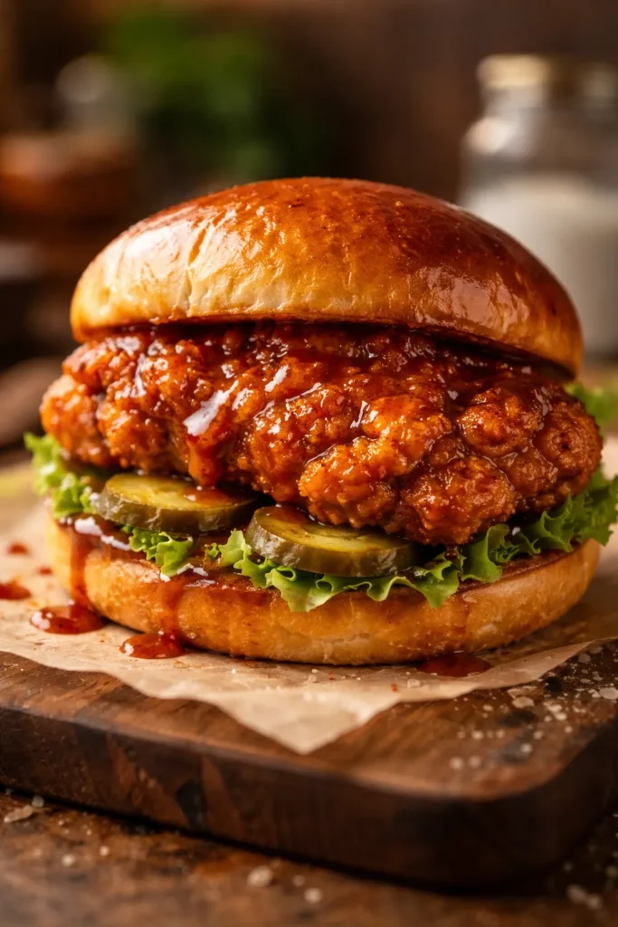 Close-up of fried chicken thigh sandwich with smoky paprika sauce on toasted brioche